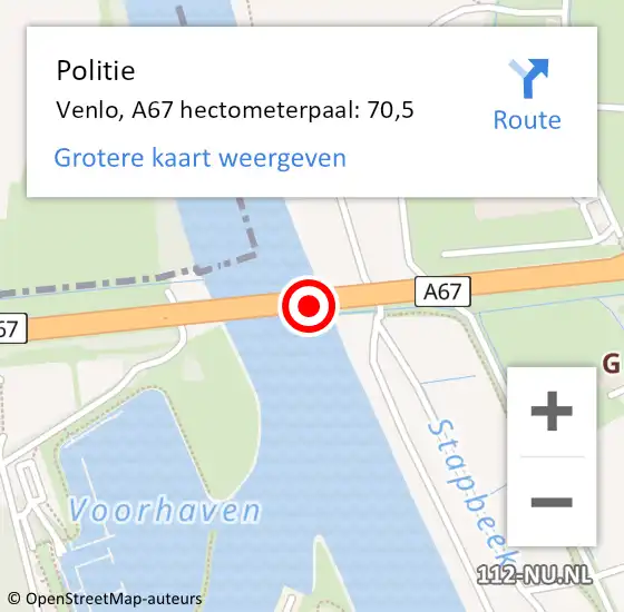 Locatie op kaart van de 112 melding: Politie Venlo, A67 hectometerpaal: 70,5 op 16 juni 2024 16:39