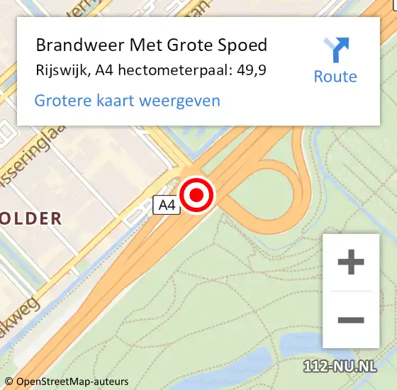Locatie op kaart van de 112 melding: Brandweer Met Grote Spoed Naar Rijswijk, A4 hectometerpaal: 49,9 op 16 juni 2024 17:31