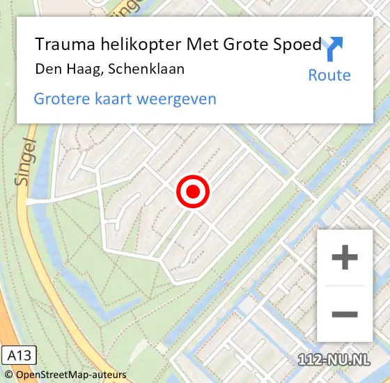 Locatie op kaart van de 112 melding: Trauma helikopter Met Grote Spoed Naar Den Haag, Schenklaan op 16 juni 2024 20:07