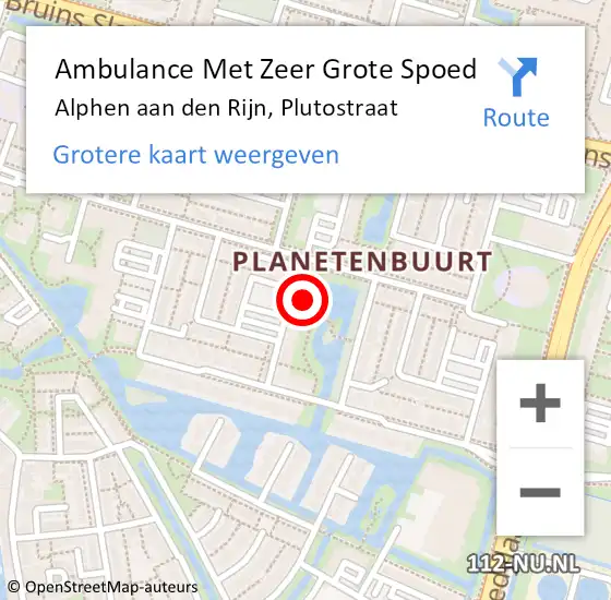 Locatie op kaart van de 112 melding: Ambulance Met Zeer Grote Spoed Naar Alphen aan den Rijn, Plutostraat op 16 juni 2024 21:13
