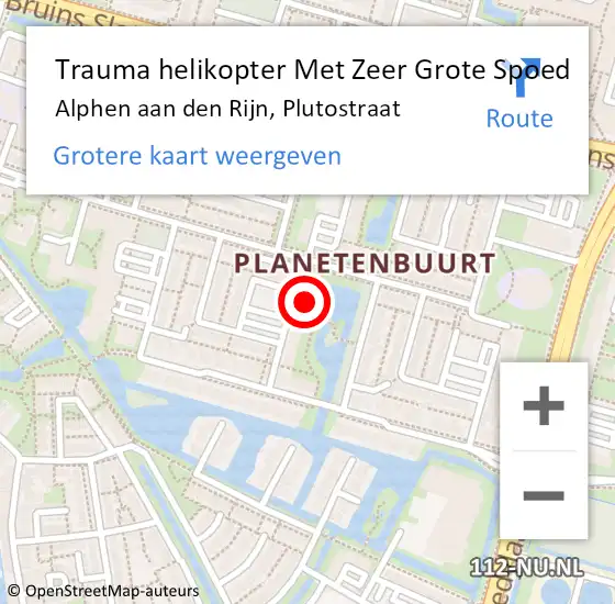 Locatie op kaart van de 112 melding: Trauma helikopter Met Zeer Grote Spoed Naar Alphen aan den Rijn, Plutostraat op 16 juni 2024 21:15