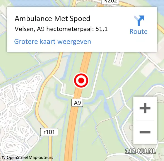 Locatie op kaart van de 112 melding: Ambulance Met Spoed Naar Velsen, A9 hectometerpaal: 51,1 op 16 juni 2024 23:55