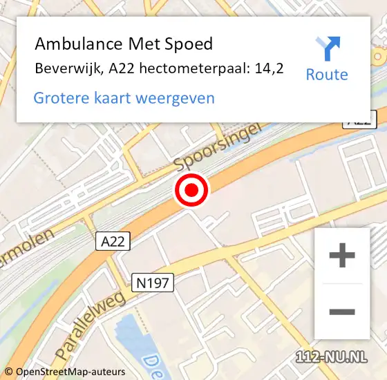 Locatie op kaart van de 112 melding: Ambulance Met Spoed Naar Beverwijk, A22 hectometerpaal: 14,2 op 16 juni 2024 23:56