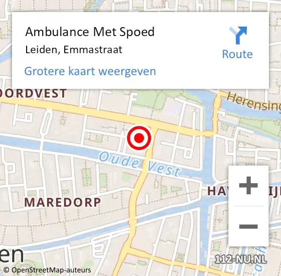 Locatie op kaart van de 112 melding: Ambulance Met Spoed Naar Leiden, Emmastraat op 16 juni 2024 23:56