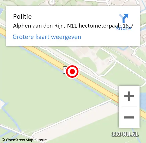 Locatie op kaart van de 112 melding: Politie Alphen aan den Rijn, N11 hectometerpaal: 15,7 op 17 juni 2024 00:10