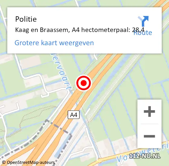 Locatie op kaart van de 112 melding: Politie Kaag en Braassem, A4 hectometerpaal: 28,4 op 17 juni 2024 06:01