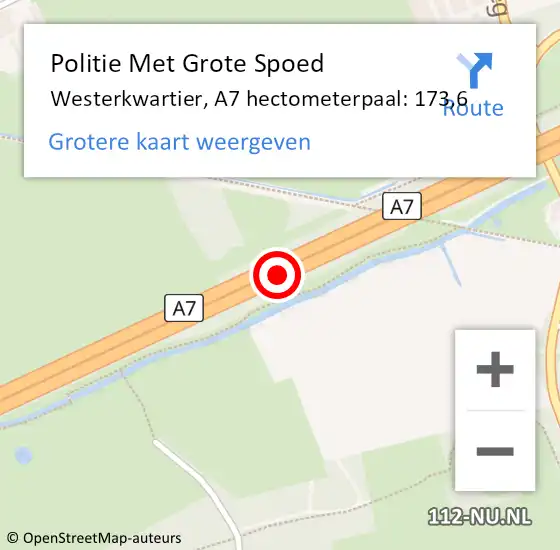 Locatie op kaart van de 112 melding: Politie Met Grote Spoed Naar Westerkwartier, A7 hectometerpaal: 173,6 op 17 juni 2024 06:38
