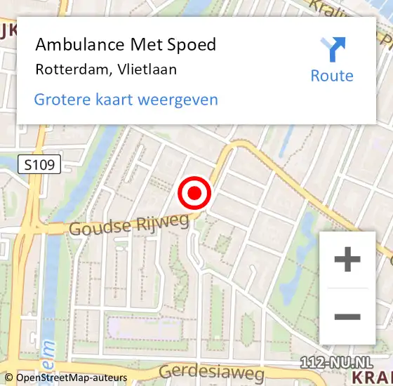 Locatie op kaart van de 112 melding: Ambulance Met Spoed Naar Rotterdam, Vlietlaan op 17 juni 2024 10:46