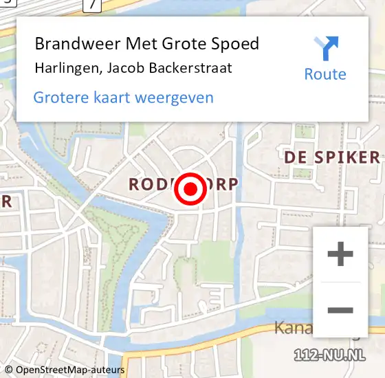 Locatie op kaart van de 112 melding: Brandweer Met Grote Spoed Naar Harlingen, Jacob Backerstraat op 17 juni 2024 12:36