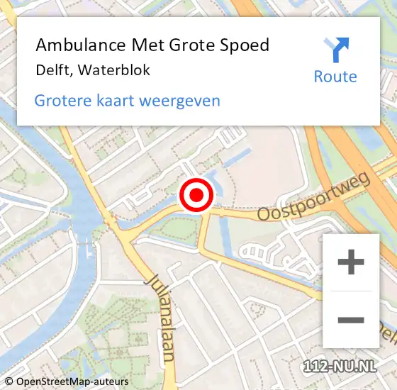 Locatie op kaart van de 112 melding: Ambulance Met Grote Spoed Naar Delft, Waterblok op 17 juni 2024 14:56