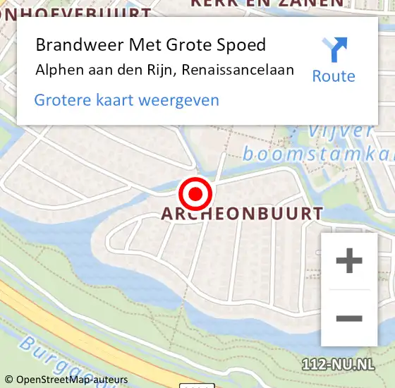 Locatie op kaart van de 112 melding: Brandweer Met Grote Spoed Naar Alphen aan den Rijn, Renaissancelaan op 17 juni 2024 15:16