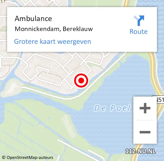 Locatie op kaart van de 112 melding: Ambulance Monnickendam, Bereklauw op 17 juni 2024 15:20