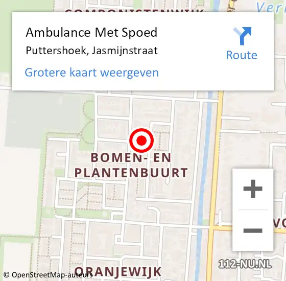 Locatie op kaart van de 112 melding: Ambulance Met Spoed Naar Puttershoek, Jasmijnstraat op 17 juni 2024 15:56