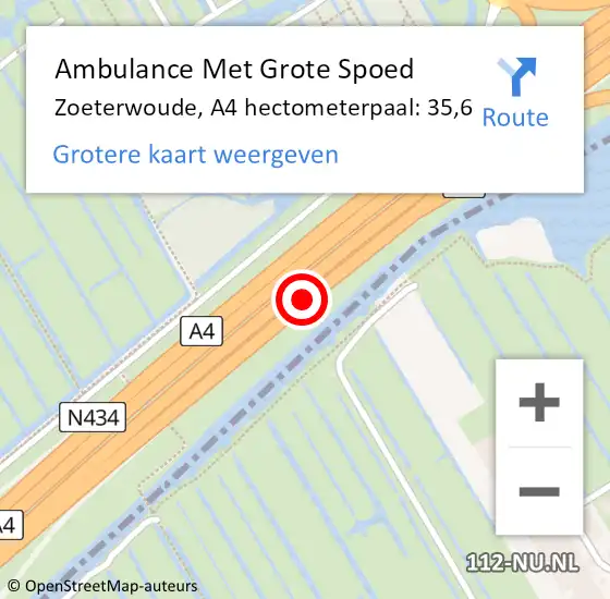 Locatie op kaart van de 112 melding: Ambulance Met Grote Spoed Naar Zoeterwoude, A4 hectometerpaal: 35,6 op 17 juni 2024 15:58