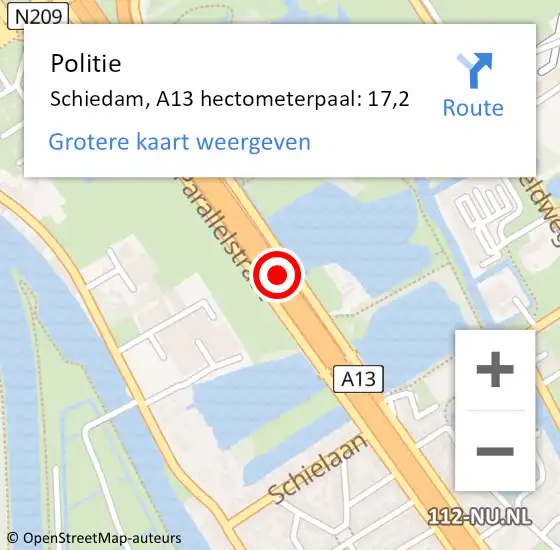 Locatie op kaart van de 112 melding: Politie Schiedam, A13 hectometerpaal: 17,2 op 17 juni 2024 19:17