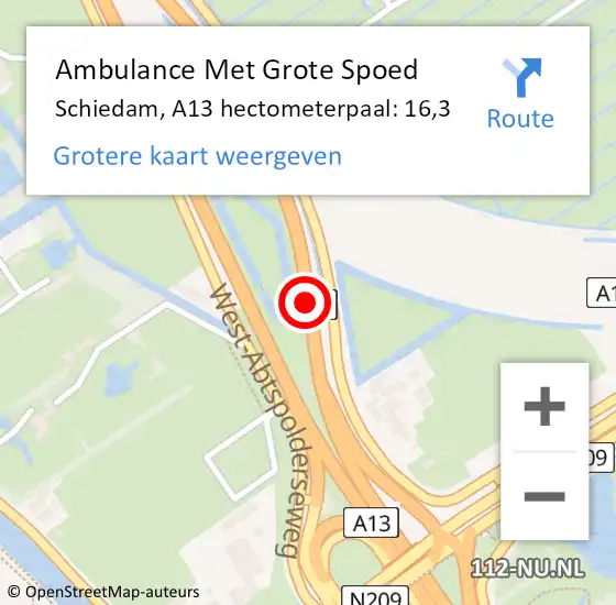 Locatie op kaart van de 112 melding: Ambulance Met Grote Spoed Naar Schiedam, A13 hectometerpaal: 16,3 op 17 juni 2024 19:19
