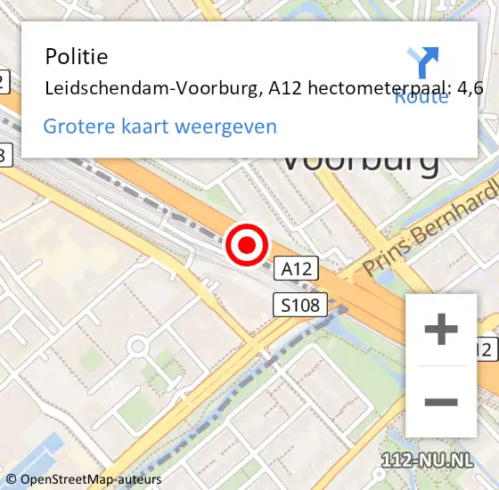 Locatie op kaart van de 112 melding: Politie Leidschendam-Voorburg, A12 hectometerpaal: 4,6 op 17 juni 2024 19:40