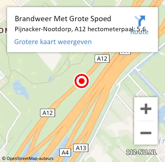 Locatie op kaart van de 112 melding: Brandweer Met Grote Spoed Naar Pijnacker-Nootdorp, A12 hectometerpaal: 5,6 op 17 juni 2024 19:43