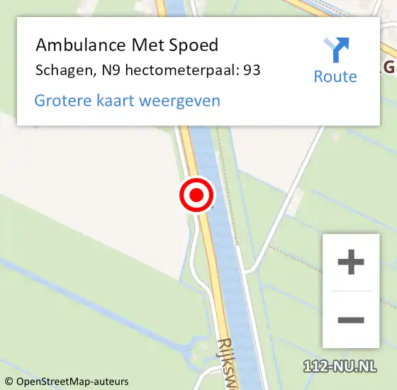 Locatie op kaart van de 112 melding: Ambulance Met Spoed Naar Schagen, N9 hectometerpaal: 93 op 17 juni 2024 20:31