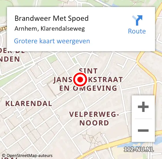 Locatie op kaart van de 112 melding: Brandweer Met Spoed Naar Arnhem, Klarendalseweg op 17 juni 2024 21:09