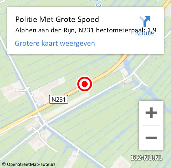 Locatie op kaart van de 112 melding: Politie Met Grote Spoed Naar Alphen aan den Rijn, N231 hectometerpaal: 1,9 op 17 juni 2024 21:22