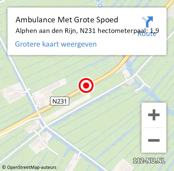 Locatie op kaart van de 112 melding: Ambulance Met Grote Spoed Naar Alphen aan den Rijn, N231 hectometerpaal: 1,9 op 17 juni 2024 21:22