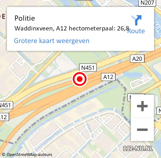 Locatie op kaart van de 112 melding: Politie Waddinxveen, A12 hectometerpaal: 26,8 op 17 juni 2024 22:48