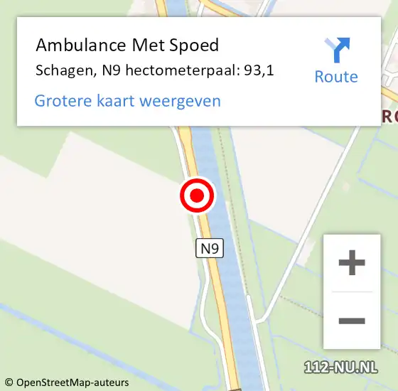 Locatie op kaart van de 112 melding: Ambulance Met Spoed Naar Schagen, N9 hectometerpaal: 93,1 op 18 juni 2024 00:55