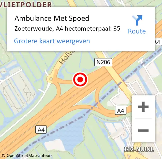 Locatie op kaart van de 112 melding: Ambulance Met Spoed Naar Zoeterwoude, A4 hectometerpaal: 35 op 18 juni 2024 05:53