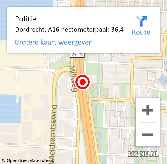 Locatie op kaart van de 112 melding: Politie Dordrecht, A16 hectometerpaal: 36,4 op 18 juni 2024 07:12