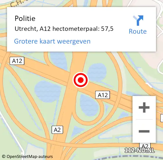 Locatie op kaart van de 112 melding: Politie Utrecht, A12 hectometerpaal: 57,5 op 18 juni 2024 07:28
