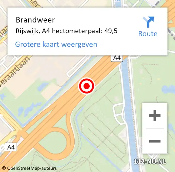 Locatie op kaart van de 112 melding: Brandweer Rijswijk, A4 hectometerpaal: 49,5 op 18 juni 2024 07:46