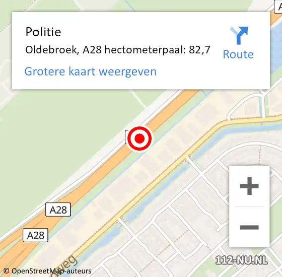 Locatie op kaart van de 112 melding: Politie Oldebroek, A28 hectometerpaal: 82,7 op 18 juni 2024 08:17
