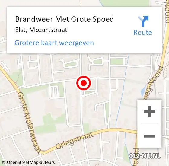 Locatie op kaart van de 112 melding: Brandweer Met Grote Spoed Naar Elst, Mozartstraat op 18 juni 2024 08:42