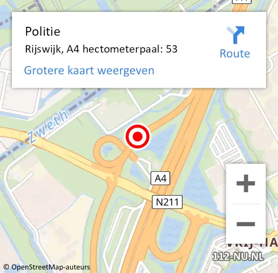 Locatie op kaart van de 112 melding: Politie Rijswijk, A4 hectometerpaal: 53 op 18 juni 2024 08:45
