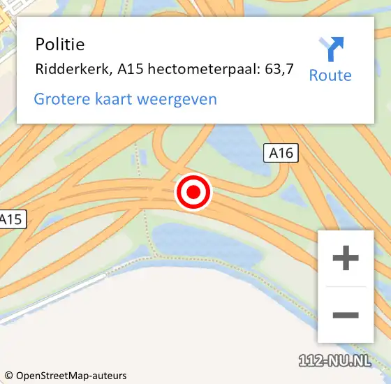 Locatie op kaart van de 112 melding: Politie Ridderkerk, A15 hectometerpaal: 63,7 op 18 juni 2024 09:17