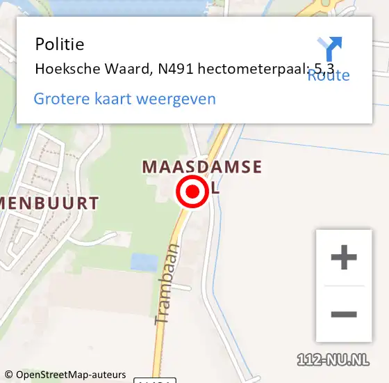 Locatie op kaart van de 112 melding: Politie Hoeksche Waard, N491 hectometerpaal: 5,3 op 18 juni 2024 09:26