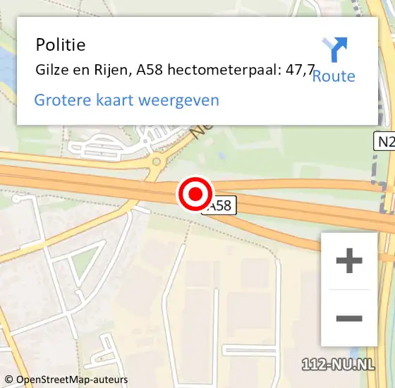 Locatie op kaart van de 112 melding: Politie Gilze en Rijen, A58 hectometerpaal: 47,7 op 18 juni 2024 09:27