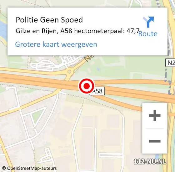 Locatie op kaart van de 112 melding: Politie Geen Spoed Naar Gilze en Rijen, A58 hectometerpaal: 47,7 op 18 juni 2024 09:27