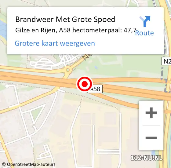 Locatie op kaart van de 112 melding: Brandweer Met Grote Spoed Naar Gilze en Rijen, A58 hectometerpaal: 47,7 op 18 juni 2024 09:29