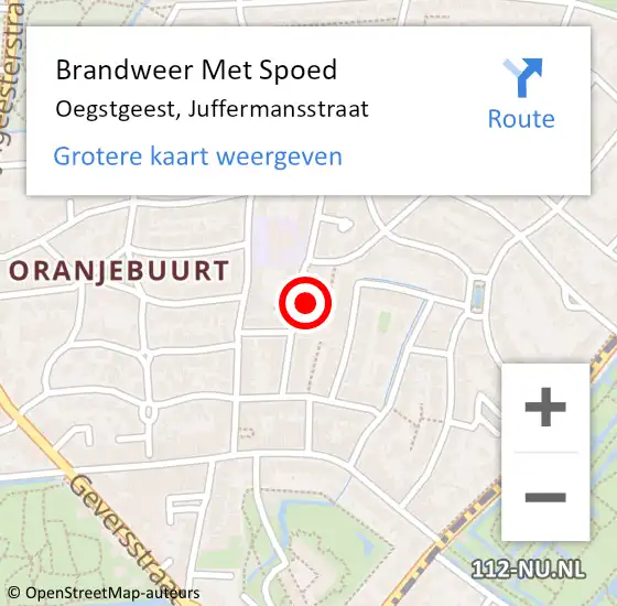 Locatie op kaart van de 112 melding: Brandweer Met Spoed Naar Oegstgeest, Juffermansstraat op 18 juni 2024 09:59