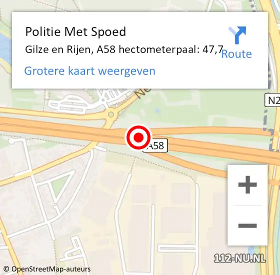 Locatie op kaart van de 112 melding: Politie Met Spoed Naar Gilze en Rijen, A58 hectometerpaal: 47,7 op 18 juni 2024 09:59