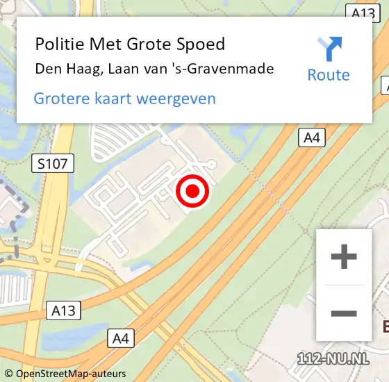 Locatie op kaart van de 112 melding: Politie Met Grote Spoed Naar Den Haag, Laan van 's-Gravenmade op 18 juni 2024 10:33