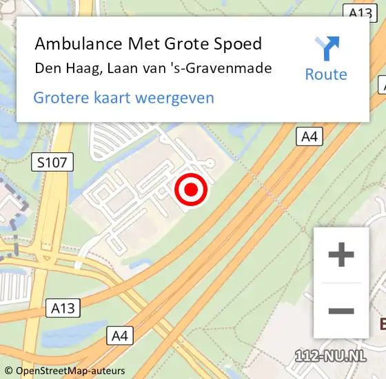 Locatie op kaart van de 112 melding: Ambulance Met Grote Spoed Naar Den Haag, Laan van 's-Gravenmade op 18 juni 2024 10:33