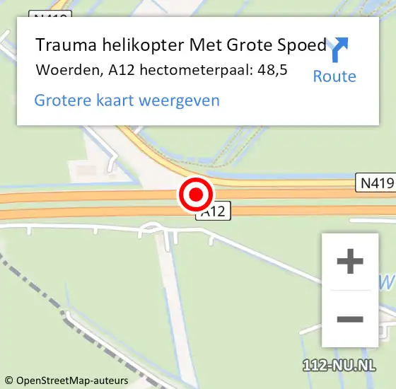 Locatie op kaart van de 112 melding: Trauma helikopter Met Grote Spoed Naar Woerden, A12 hectometerpaal: 48,5 op 18 juni 2024 11:24