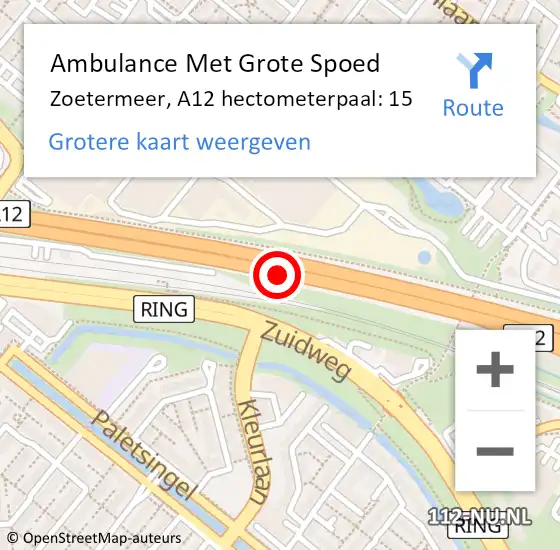 Locatie op kaart van de 112 melding: Ambulance Met Grote Spoed Naar Zoetermeer, A12 hectometerpaal: 15 op 18 juni 2024 11:53