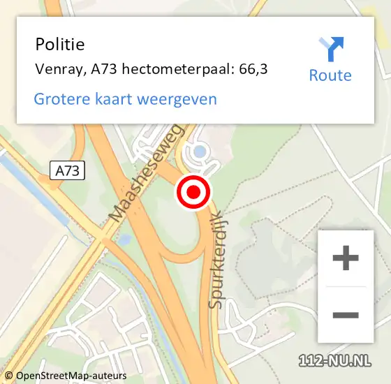 Locatie op kaart van de 112 melding: Politie Venray, A73 hectometerpaal: 66,3 op 18 juni 2024 12:10