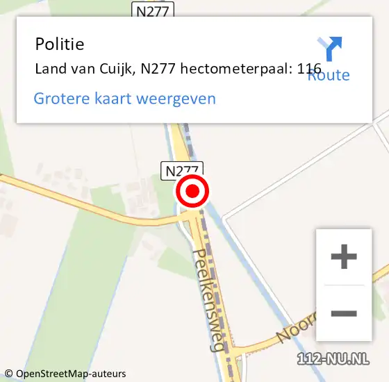 Locatie op kaart van de 112 melding: Politie Land van Cuijk, N277 hectometerpaal: 116 op 18 juni 2024 13:17