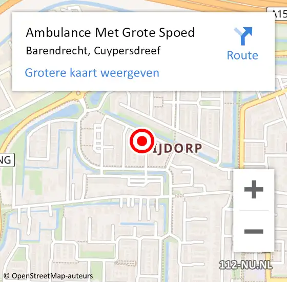 Locatie op kaart van de 112 melding: Ambulance Met Grote Spoed Naar Barendrecht, Cuypersdreef op 18 juni 2024 13:18