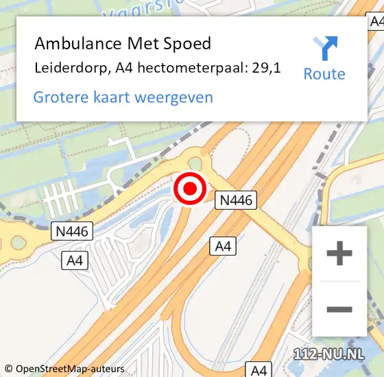 Locatie op kaart van de 112 melding: Ambulance Met Spoed Naar Leiderdorp, A4 hectometerpaal: 29,1 op 18 juni 2024 13:37